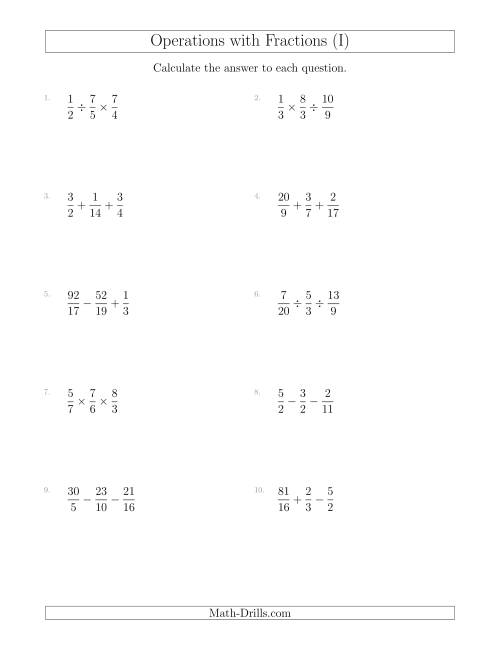The Mixed Operations with Three Fractions Including Improper Fractions (I) Math Worksheet