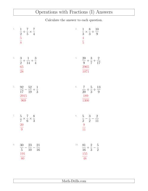 The Mixed Operations with Three Fractions Including Improper Fractions (I) Math Worksheet Page 2