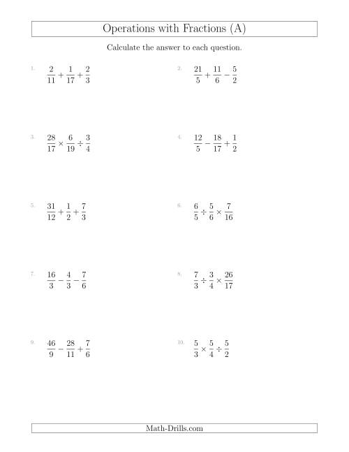 The Mixed Operations with Three Fractions Including Improper Fractions (All) Math Worksheet