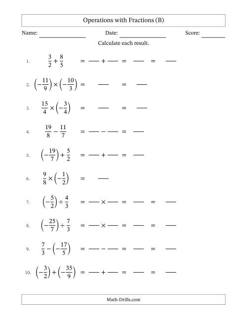 The Mixed Operations with Two Fractions with Unlike Denominators, Mixed Fractions Results and Some Simplifying Including Negative Values (Fillable) (B) Math Worksheet