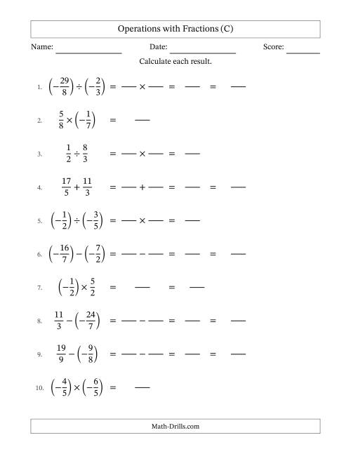 The Mixed Operations with Two Fractions with Unlike Denominators, Mixed Fractions Results and Some Simplifying Including Negative Values (Fillable) (C) Math Worksheet