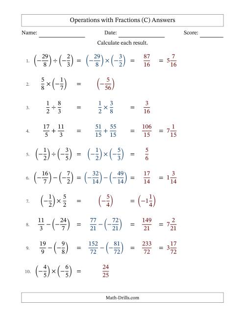 The Mixed Operations with Two Fractions with Unlike Denominators, Mixed Fractions Results and Some Simplifying Including Negative Values (Fillable) (C) Math Worksheet Page 2