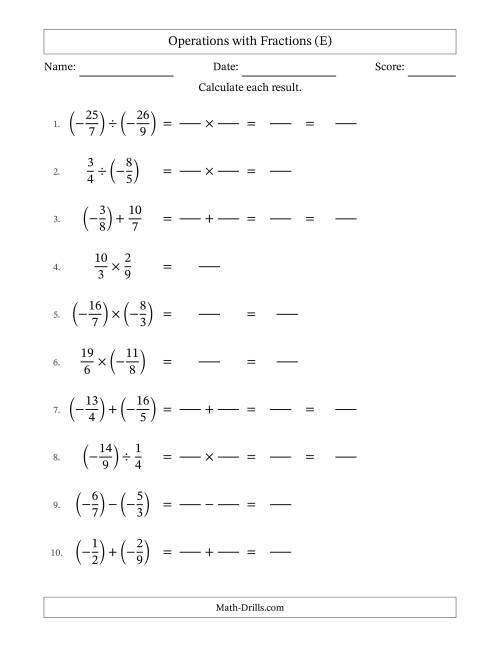 The Mixed Operations with Two Fractions with Unlike Denominators, Mixed Fractions Results and Some Simplifying Including Negative Values (Fillable) (E) Math Worksheet