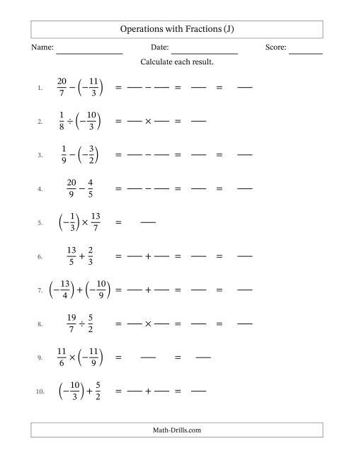 The Mixed Operations with Two Fractions with Unlike Denominators, Mixed Fractions Results and Some Simplifying Including Negative Values (Fillable) (J) Math Worksheet