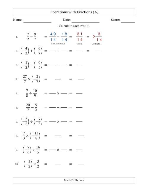 The Mixed Operations with Two Fractions with Unlike Denominators, Mixed Fractions Results and Some Simplifying Including Negative Values (Fillable) (All) Math Worksheet