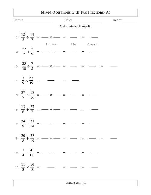 The Mixed Operations with Two Fractions Including Improper Fractions (A) Math Worksheet