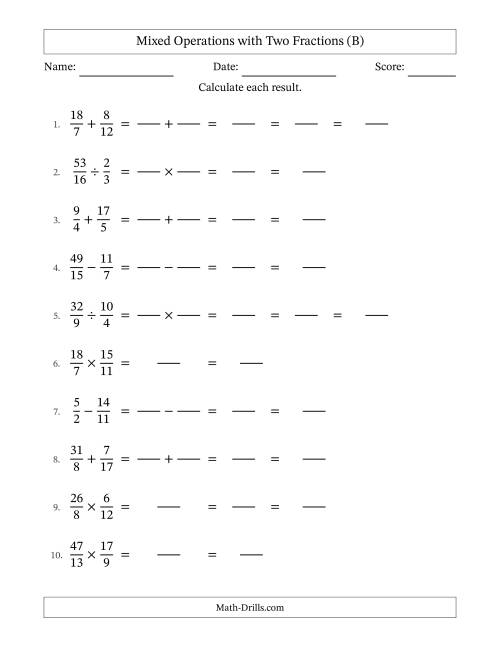 The Mixed Operations with Two Fractions with Unlike Denominators, Mixed Fractions Results and Some Simplifying (Fillable) (B) Math Worksheet