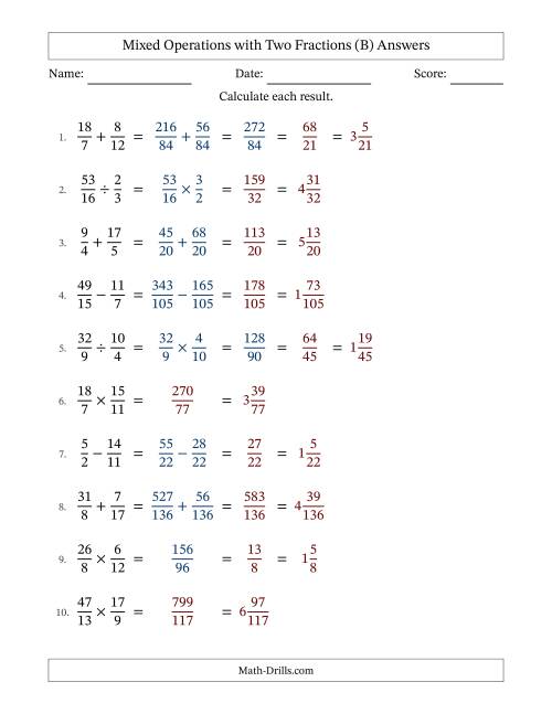 The Mixed Operations with Two Fractions with Unlike Denominators, Mixed Fractions Results and Some Simplifying (Fillable) (B) Math Worksheet Page 2