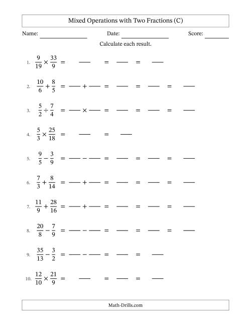 The Mixed Operations with Two Fractions with Unlike Denominators, Mixed Fractions Results and Some Simplifying (Fillable) (C) Math Worksheet