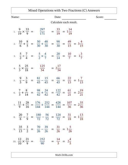 The Mixed Operations with Two Fractions with Unlike Denominators, Mixed Fractions Results and Some Simplifying (Fillable) (C) Math Worksheet Page 2