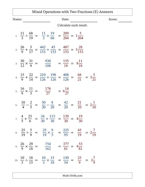 The Mixed Operations with Two Fractions with Unlike Denominators, Mixed Fractions Results and Some Simplifying (Fillable) (E) Math Worksheet Page 2