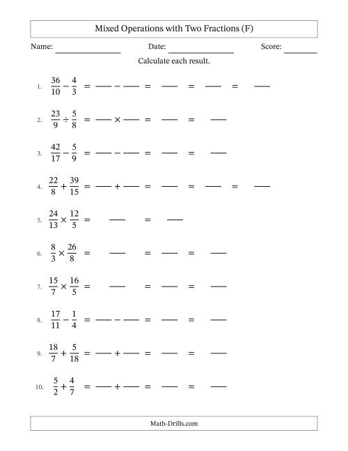 The Mixed Operations with Two Fractions with Unlike Denominators, Mixed Fractions Results and Some Simplifying (Fillable) (F) Math Worksheet
