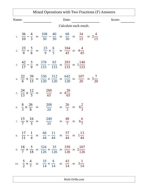 The Mixed Operations with Two Fractions with Unlike Denominators, Mixed Fractions Results and Some Simplifying (Fillable) (F) Math Worksheet Page 2