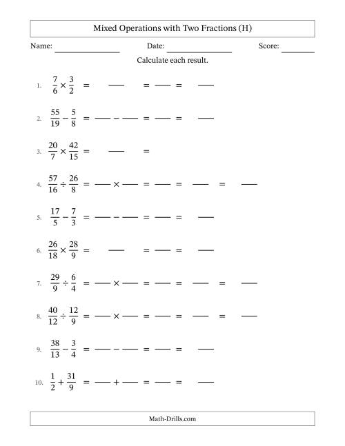 The Mixed Operations with Two Fractions with Unlike Denominators, Mixed Fractions Results and Some Simplifying (Fillable) (H) Math Worksheet
