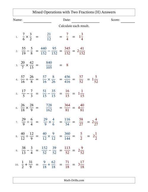 The Mixed Operations with Two Fractions with Unlike Denominators, Mixed Fractions Results and Some Simplifying (Fillable) (H) Math Worksheet Page 2