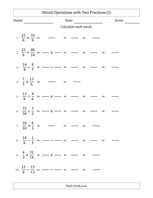 The Mixed Operations with Two Fractions with Unlike Denominators, Mixed Fractions Results and Some Simplifying (Fillable) (J) Math Worksheet