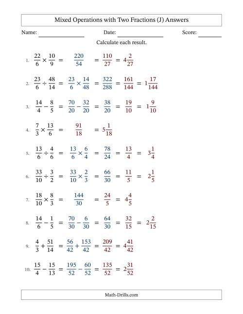 The Mixed Operations with Two Fractions with Unlike Denominators, Mixed Fractions Results and Some Simplifying (Fillable) (J) Math Worksheet Page 2