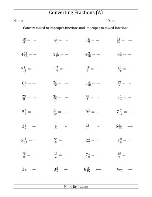 The Converting Between Mixed and Improper Fractions (A) Math Worksheet