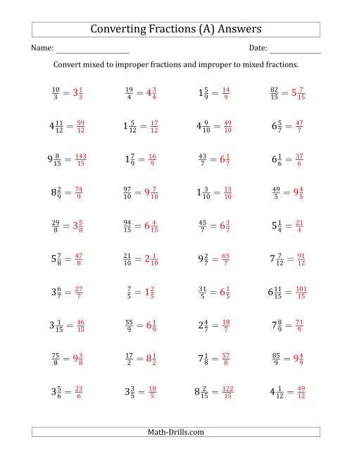 The Converting Between Mixed and Improper Fractions (A) Math Worksheet Page 2