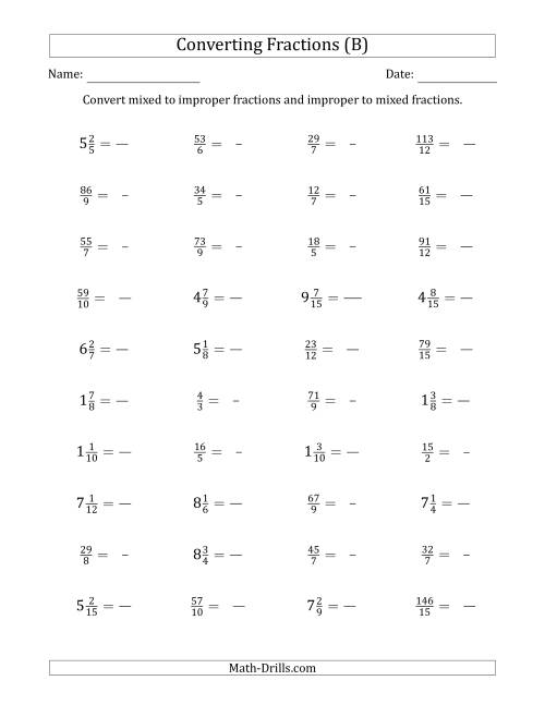 The Converting Between Mixed and Improper Fractions (B) Math Worksheet