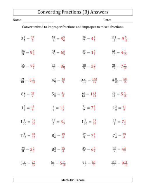 The Converting Between Mixed and Improper Fractions (B) Math Worksheet Page 2