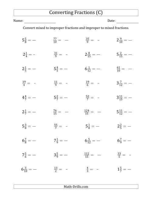 The Converting Between Mixed and Improper Fractions (C) Math Worksheet