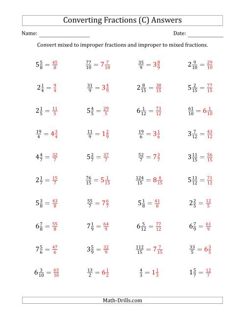 The Converting Between Mixed and Improper Fractions (C) Math Worksheet Page 2