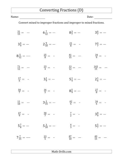 The Converting Between Mixed and Improper Fractions (D) Math Worksheet