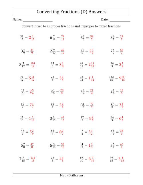 The Converting Between Mixed and Improper Fractions (D) Math Worksheet Page 2