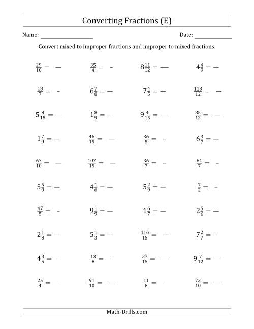 The Converting Between Mixed and Improper Fractions (E) Math Worksheet