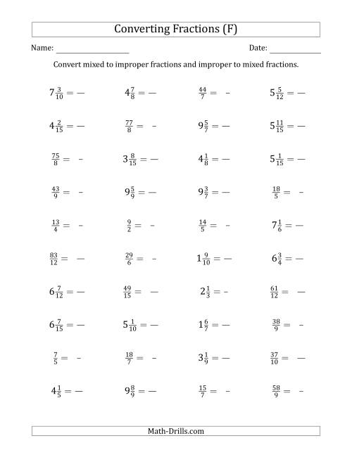 The Converting Between Mixed and Improper Fractions (F) Math Worksheet