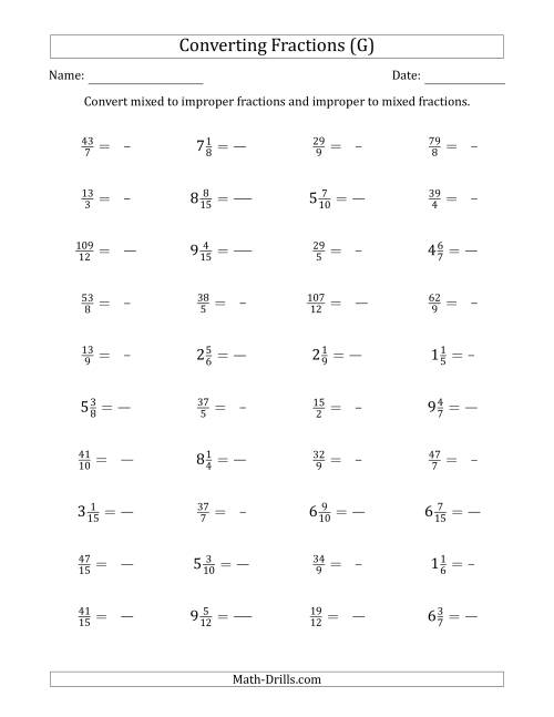 The Converting Between Mixed and Improper Fractions (G) Math Worksheet