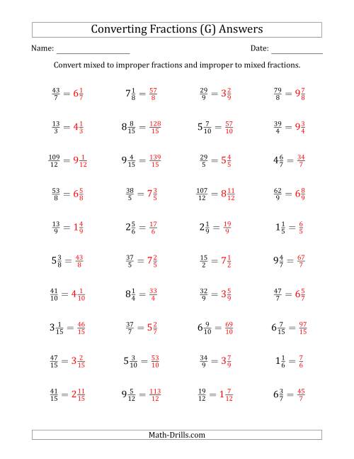 The Converting Between Mixed and Improper Fractions (G) Math Worksheet Page 2