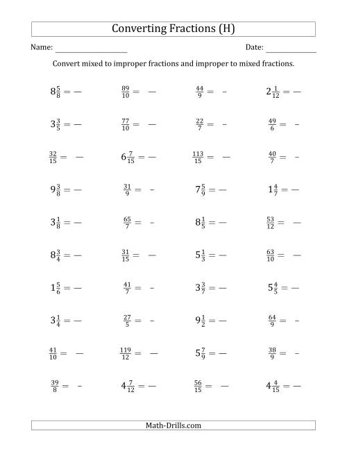 The Converting Between Mixed and Improper Fractions (H) Math Worksheet