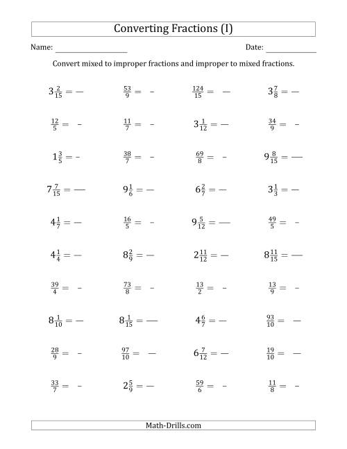 The Converting Between Mixed and Improper Fractions (I) Math Worksheet