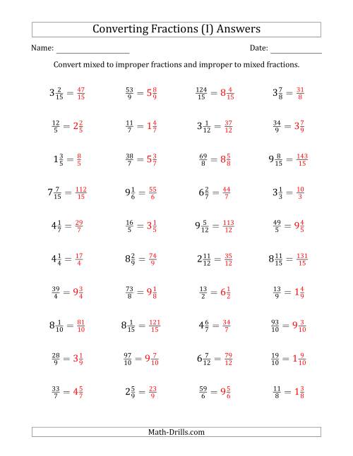 The Converting Between Mixed and Improper Fractions (I) Math Worksheet Page 2