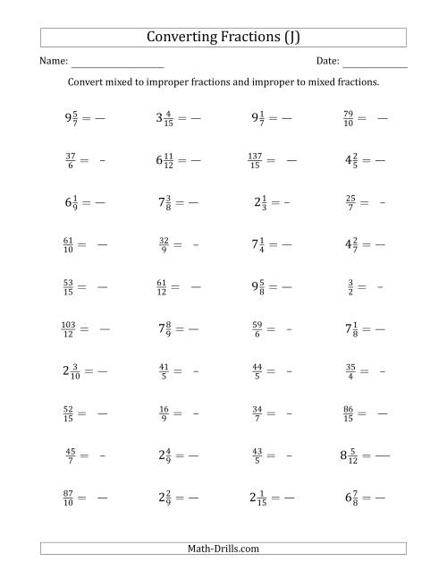 The Converting Between Mixed and Improper Fractions (J) Math Worksheet