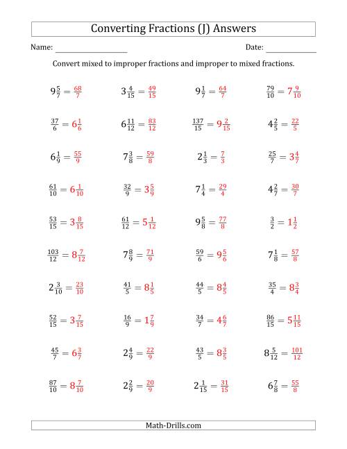 The Converting Between Mixed and Improper Fractions (J) Math Worksheet Page 2