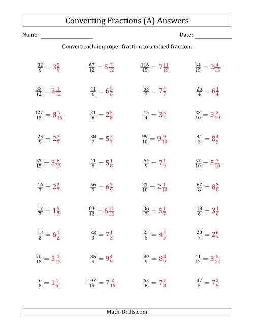The Converting Improper Fractions to Mixed Fractions (A) Math Worksheet Page 2