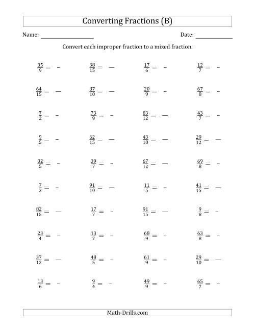 The Converting Improper Fractions to Mixed Fractions (B) Math Worksheet