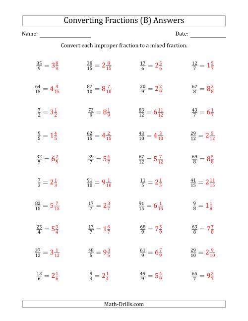 The Converting Improper Fractions to Mixed Fractions (B) Math Worksheet Page 2