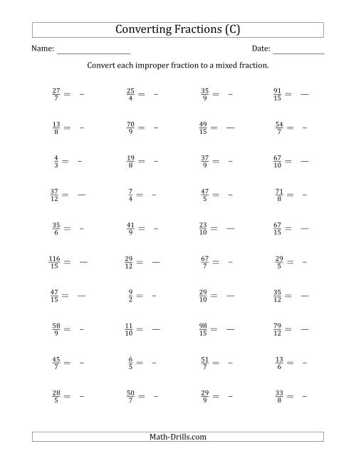 The Converting Improper Fractions to Mixed Fractions (C) Math Worksheet