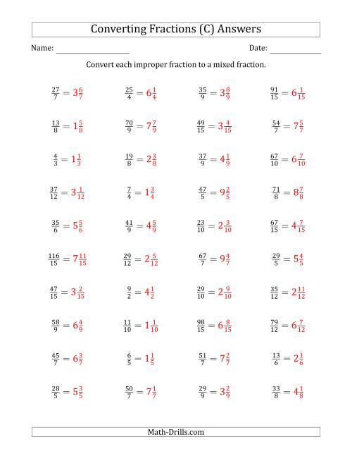 The Converting Improper Fractions to Mixed Fractions (C) Math Worksheet Page 2