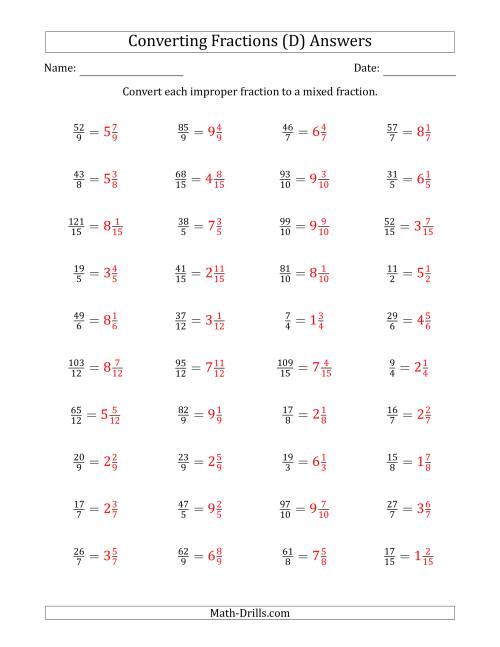 The Converting Improper Fractions to Mixed Fractions (D) Math Worksheet Page 2