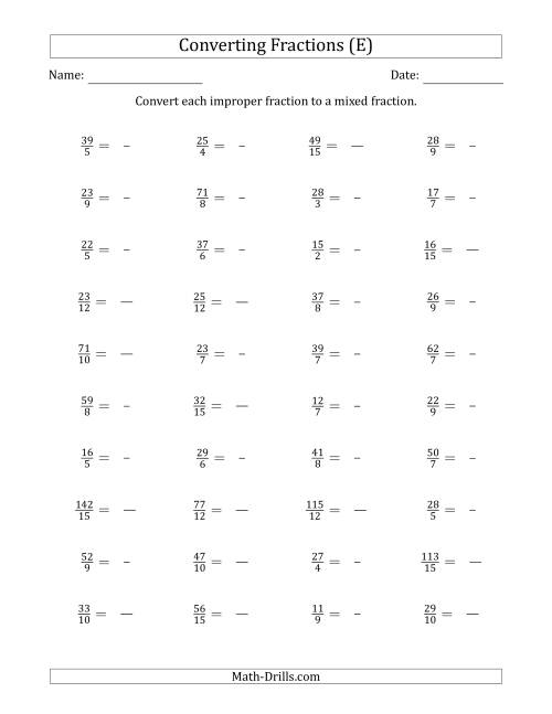 The Converting Improper Fractions to Mixed Fractions (E) Math Worksheet