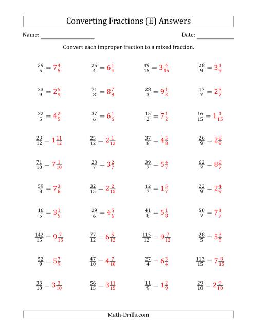 The Converting Improper Fractions to Mixed Fractions (E) Math Worksheet Page 2