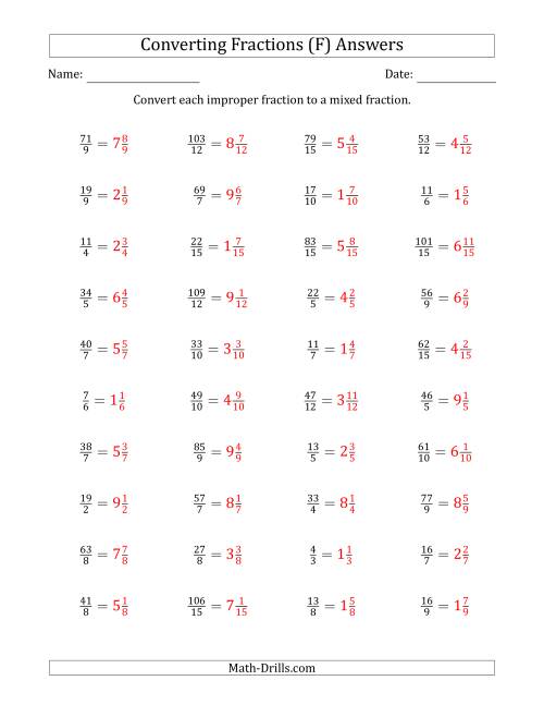 The Converting Improper Fractions to Mixed Fractions (F) Math Worksheet Page 2