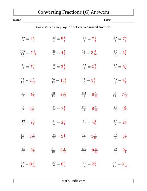 The Converting Improper Fractions to Mixed Fractions (G) Math Worksheet Page 2