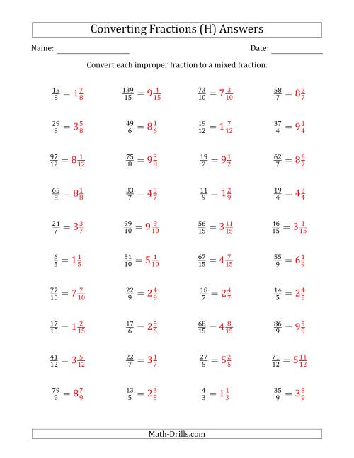 The Converting Improper Fractions to Mixed Fractions (H) Math Worksheet Page 2