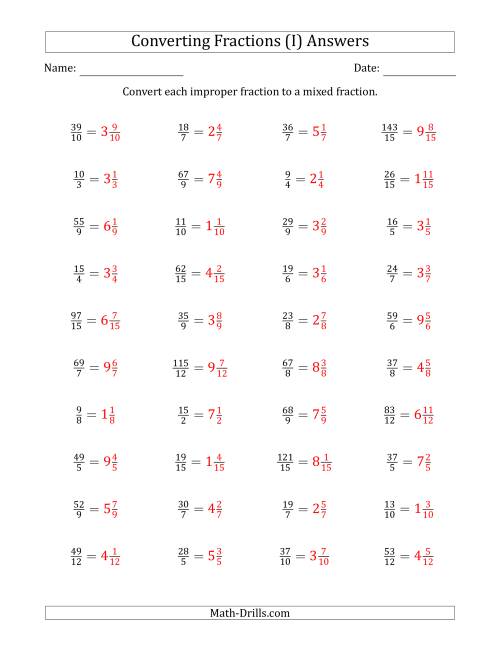 The Converting Improper Fractions to Mixed Fractions (I) Math Worksheet Page 2